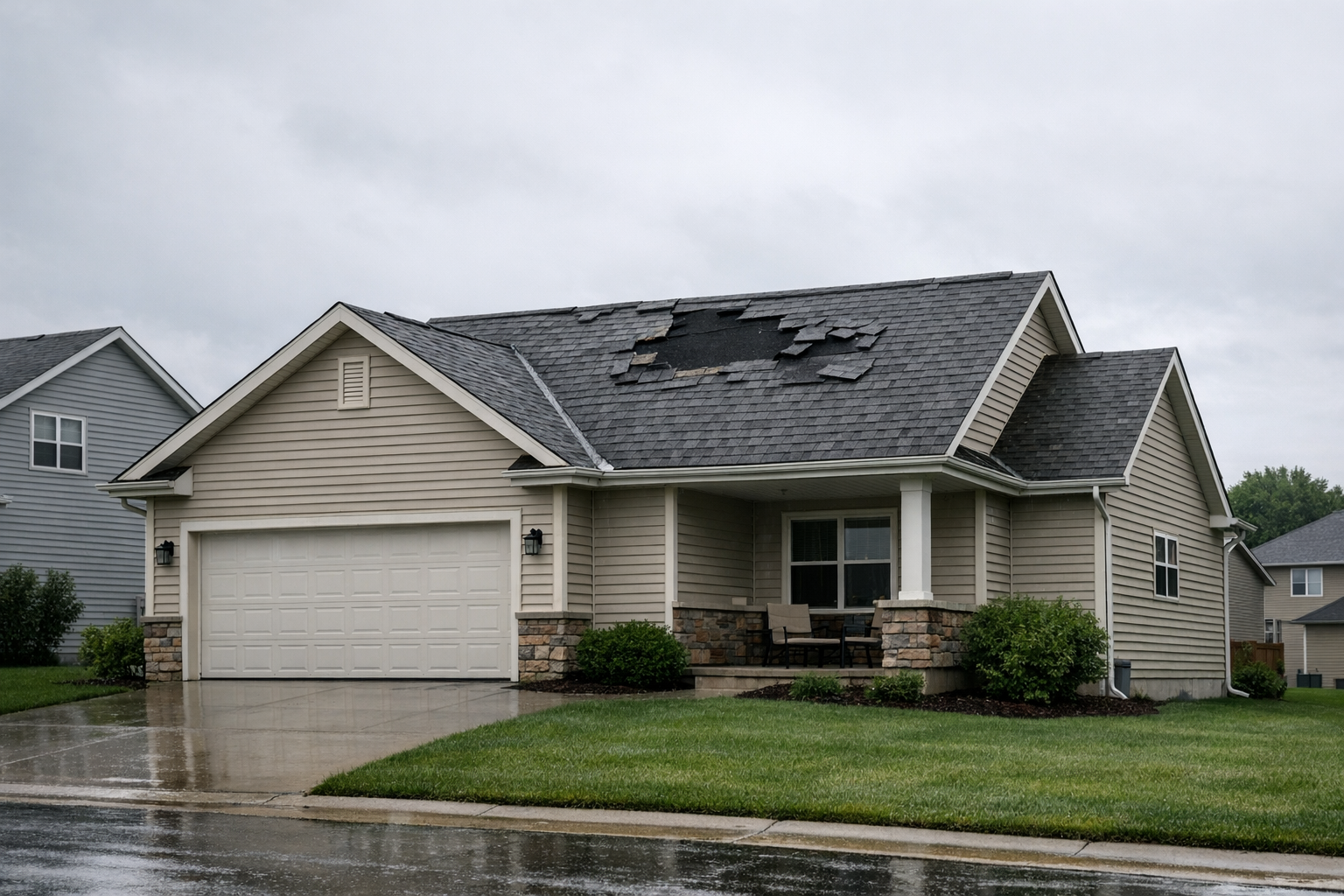 Storm-damaged roof with missing shingles in Des Moines, IA