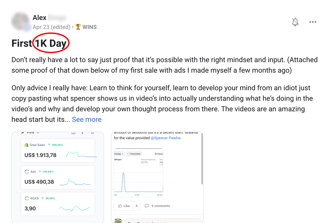 Sebastian hit his first $1k day 25 days after joining and called e-com 90% marketing.