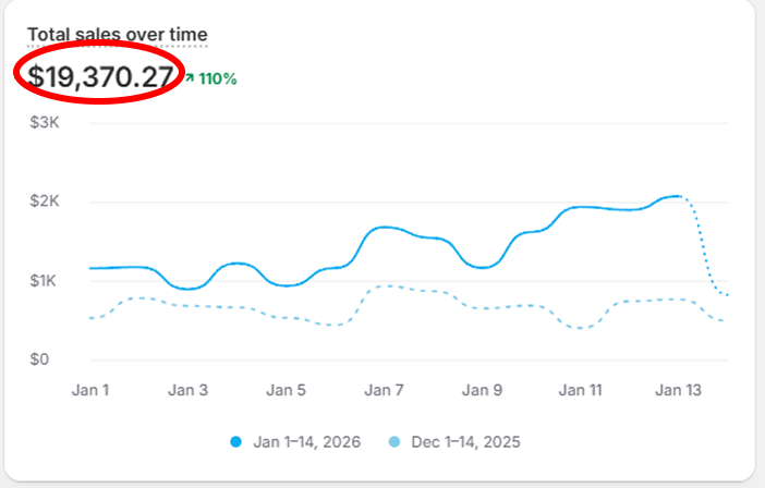 Member Shopify dashboard showing a sales spike