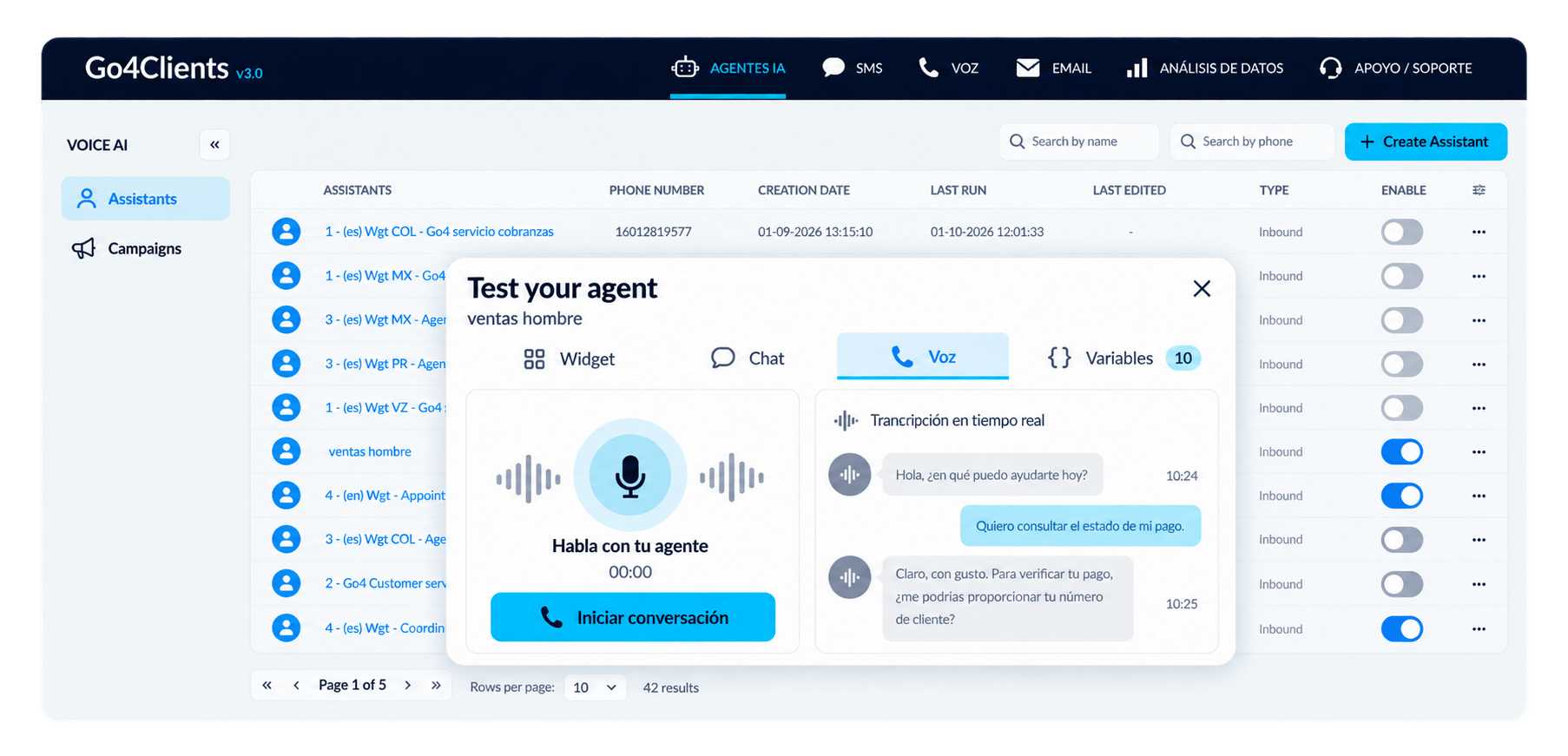 Ventana de prueba del agente en Go4Clients con llamada de voz y transcripción en tiempo real