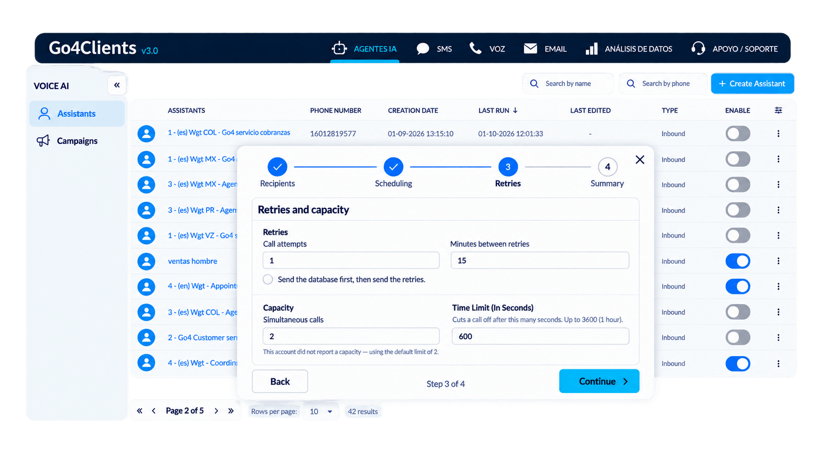 Panel de Go4Clients con la configuración de reintentos y capacidad de llamadas simultáneas