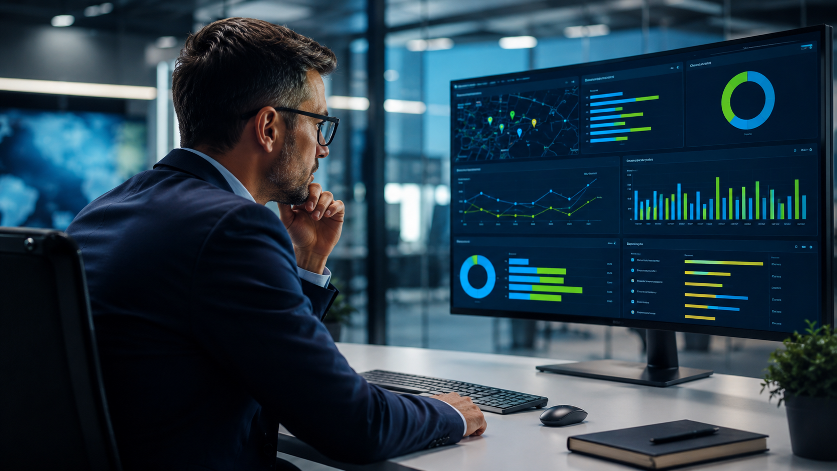 Profesional monitoreando técnicos y servicios en centro de control operativo