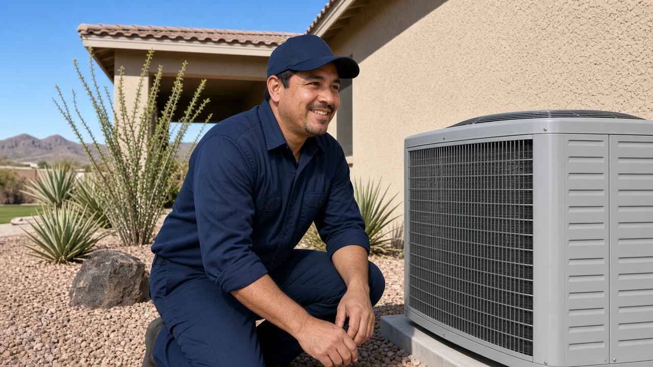 David's Air Conditioning technician beside a home AC unit