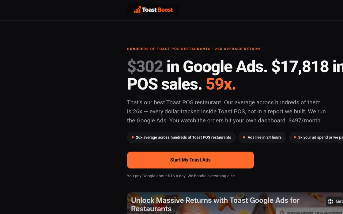 Toast Boost website homepage built by GO Agency AI