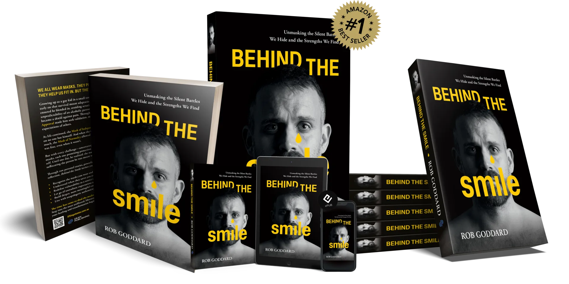 Behind the Smile by Rob Goddard, shown as printed books and on digital devices, with an Amazon number one bestseller badge