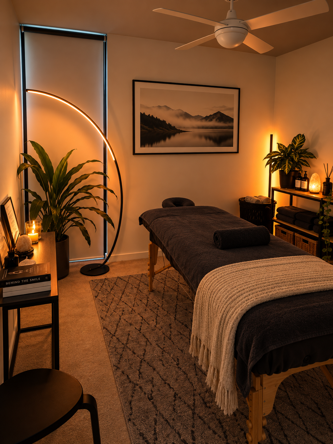 New Energi Massage room with a massage table, warm lighting and plants