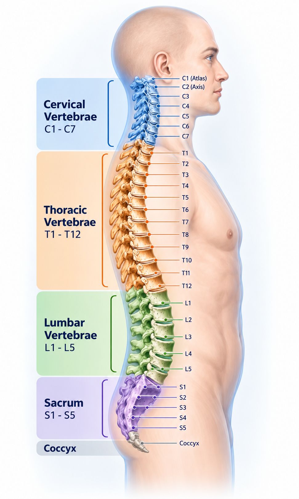 Human spinal anatomy showing cervical, thoracic, lumbar, sacral and coccygeal regions.