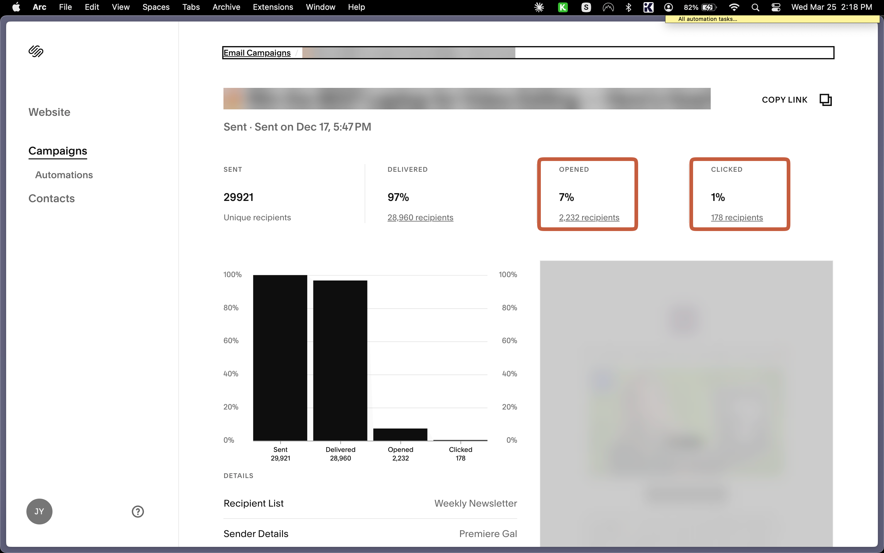 Squarespace email campaign showing 7% open rate on 30,000 subscribers