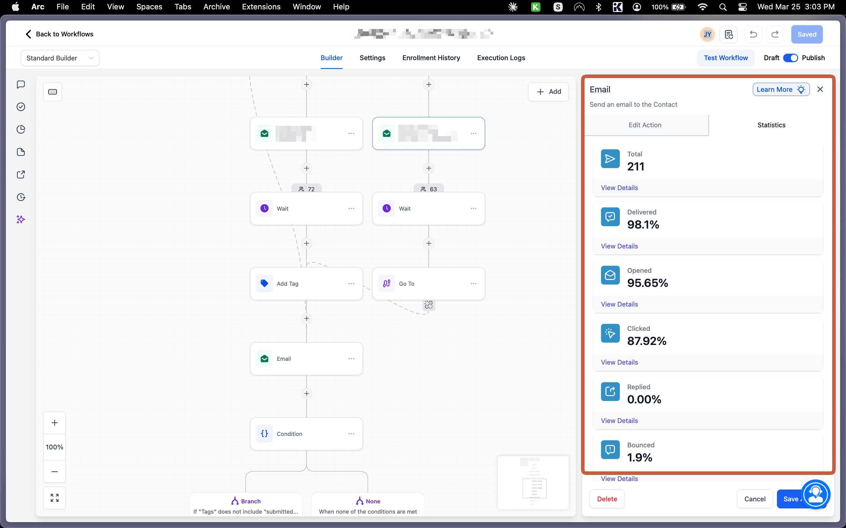 CC360 waitlist workflow automation showing 88-95% open rates