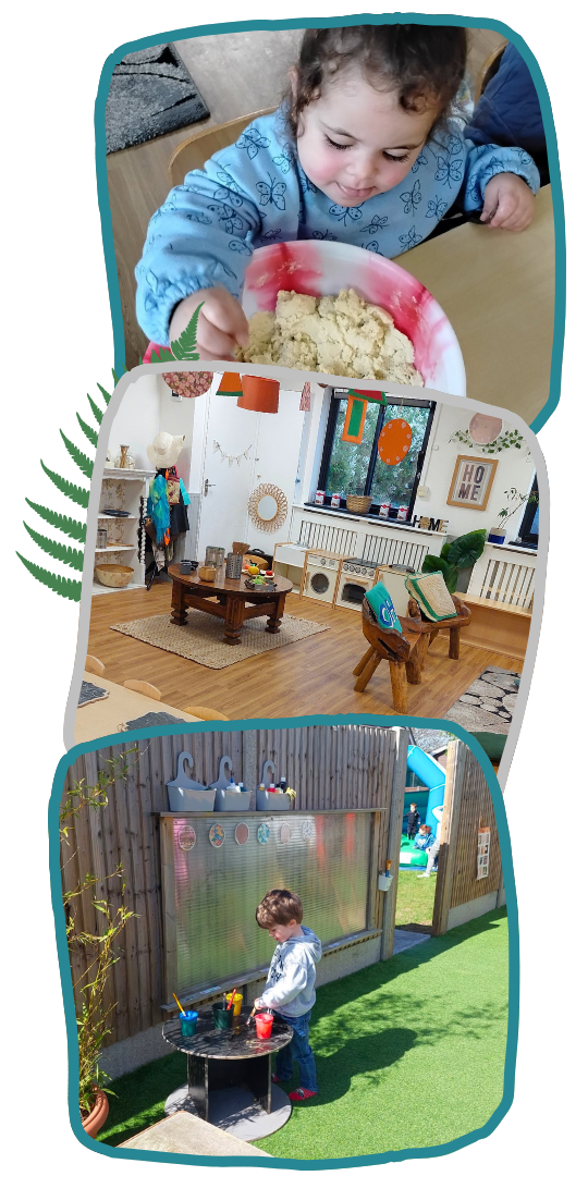 Three photos show a child holding a camera, a bright playroom with small tables and toys, and a child sticking out their tongue beside a pen at nursery in Castlemead
