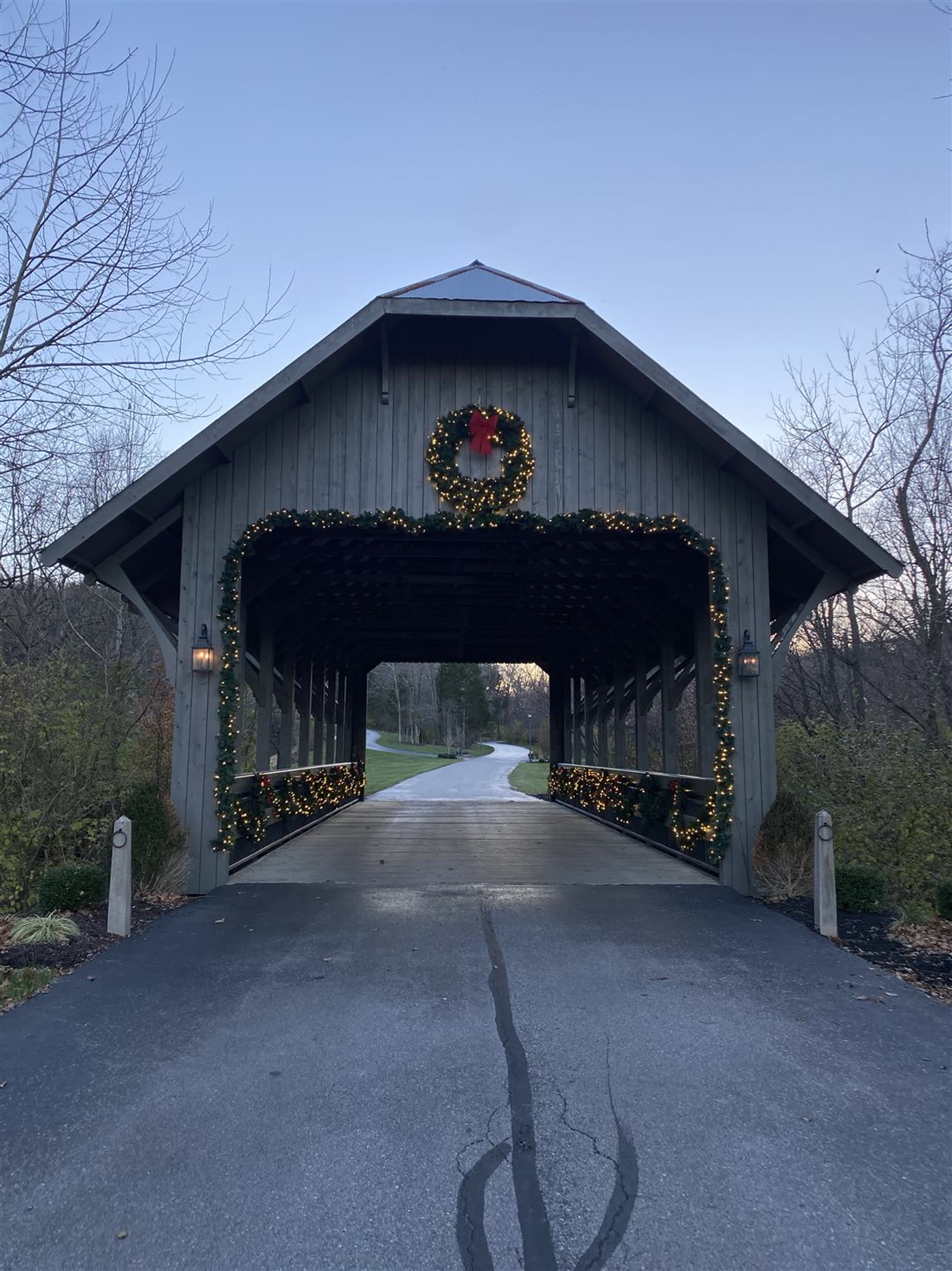 Covered bridge with garland and warm white lights
