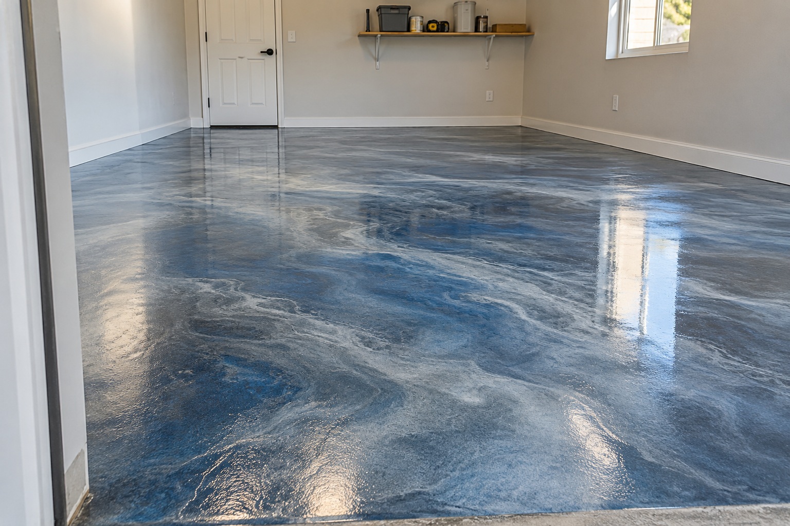 Blue and silver metallic epoxy floor finish example