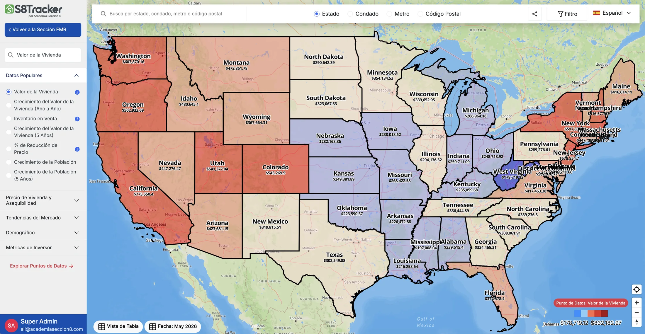 Mapa de S8Tracker con los 50 estados de EE.UU. coloreados por datos de inversión