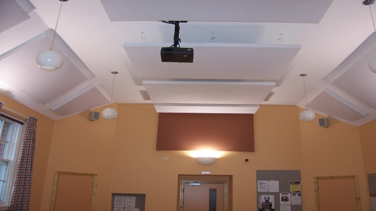 Rectangular acoustic ceiling panels and a dark wall panel in Ayton Community Hall, with a ceiling-mounted projector.