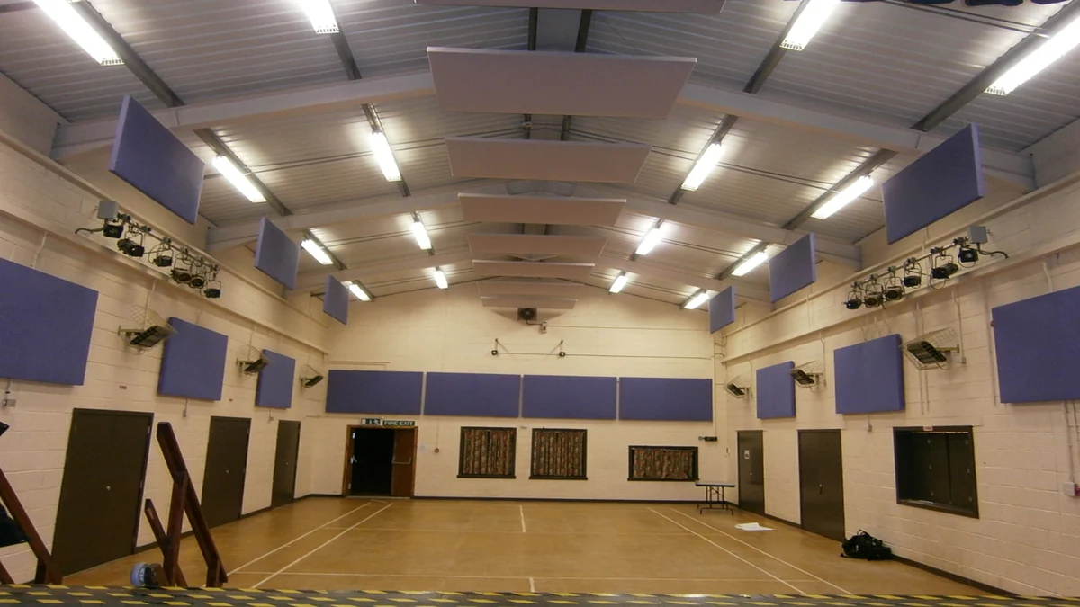 Purple acoustic panels on the walls and suspended below the high metal roof of Thornhill Community Centre.