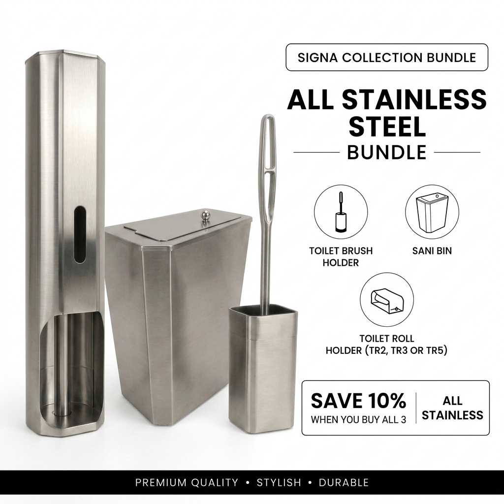 Signa Collection bundle in Stainless Steel — toilet roll holder, sani bin and brush holder