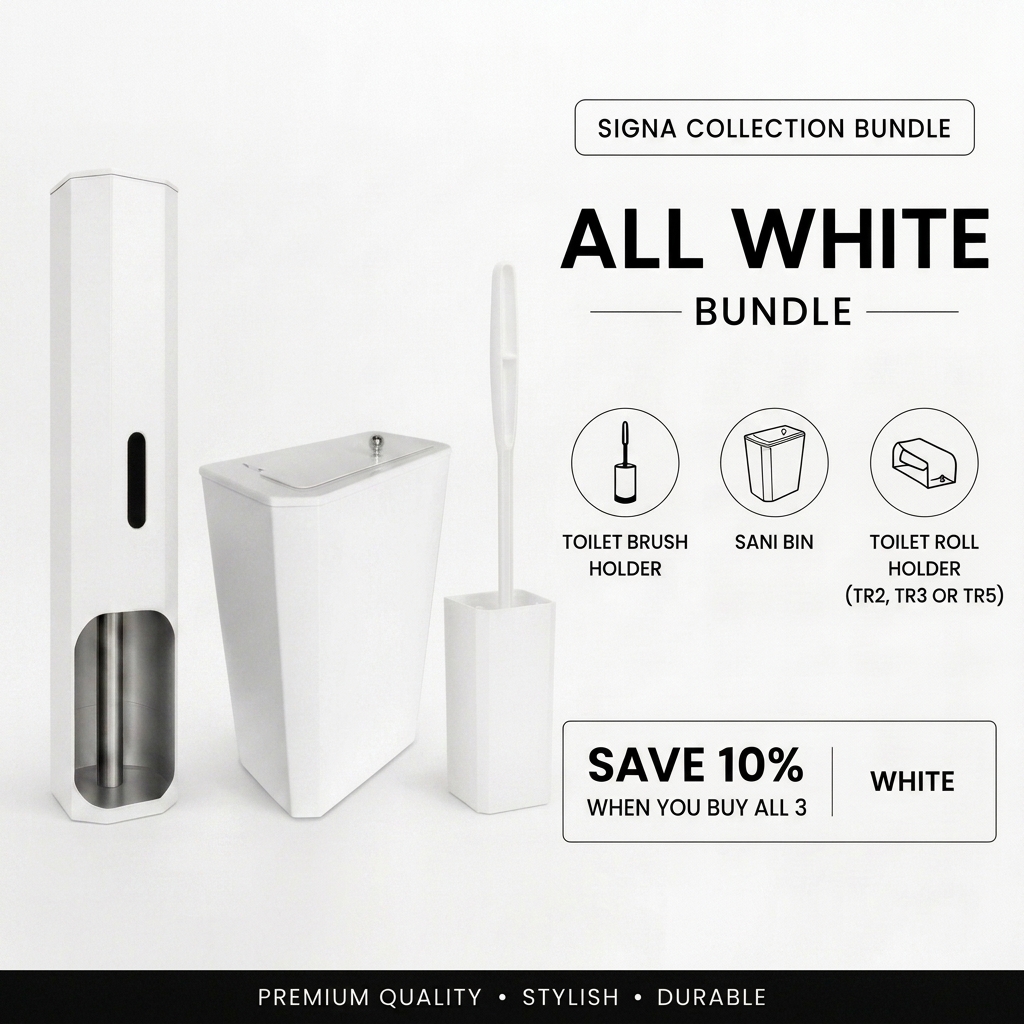 Signa Collection bundle in White — toilet roll holder, sani bin and brush holder