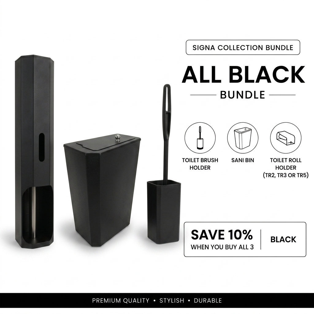 Signa Collection bundle in Black — toilet roll holder, sani bin and brush holder