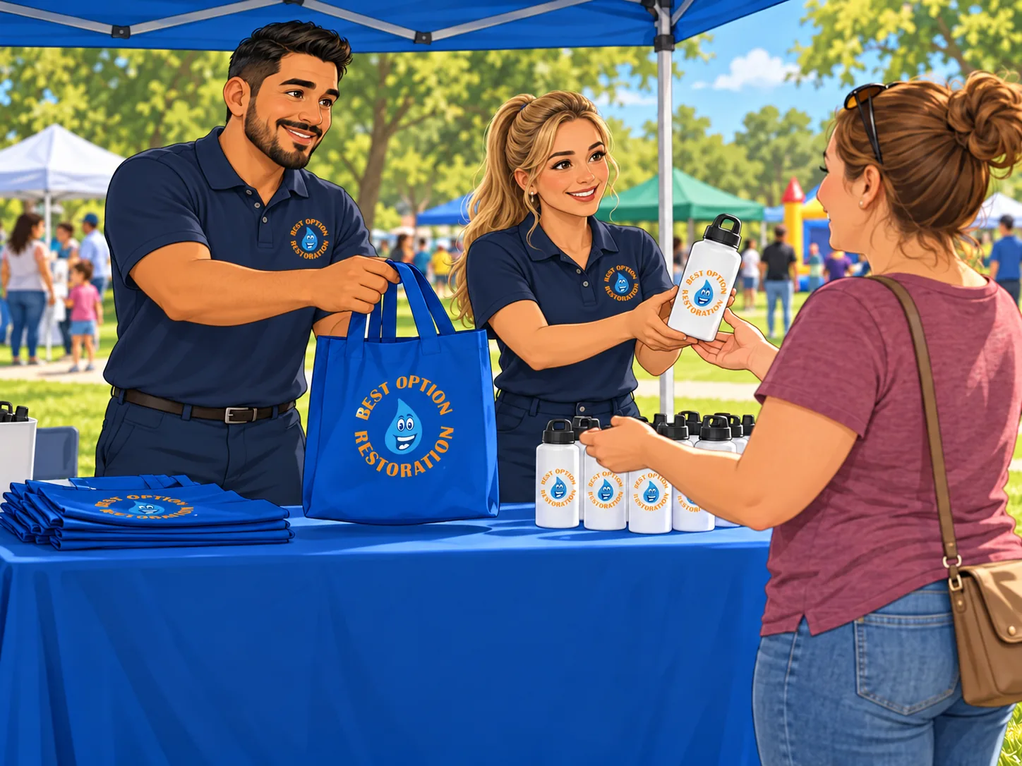 Team handing out branded gear at a park community event