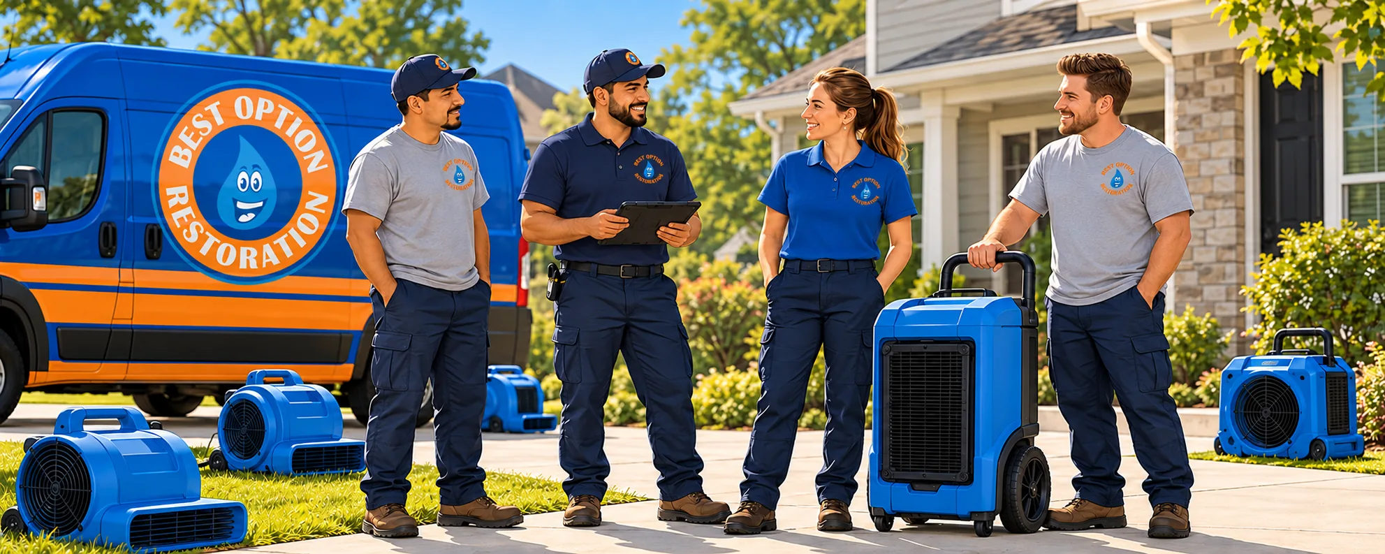 Crew in branded uniforms with equipment on a job site