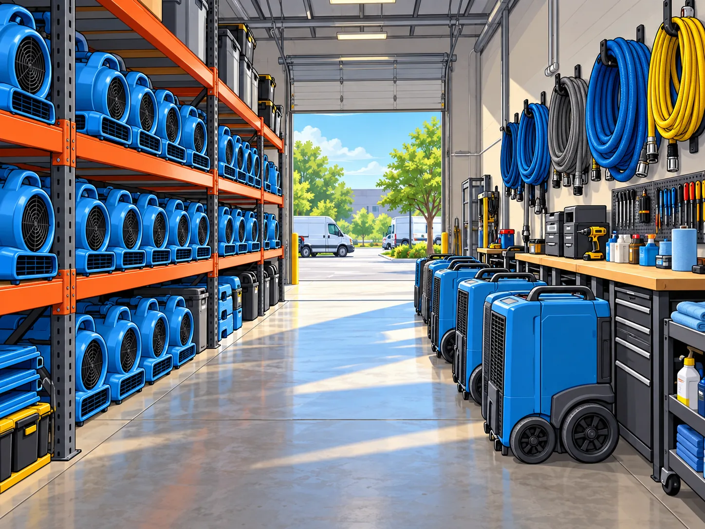 Organized equipment bay with air movers and dehumidifiers