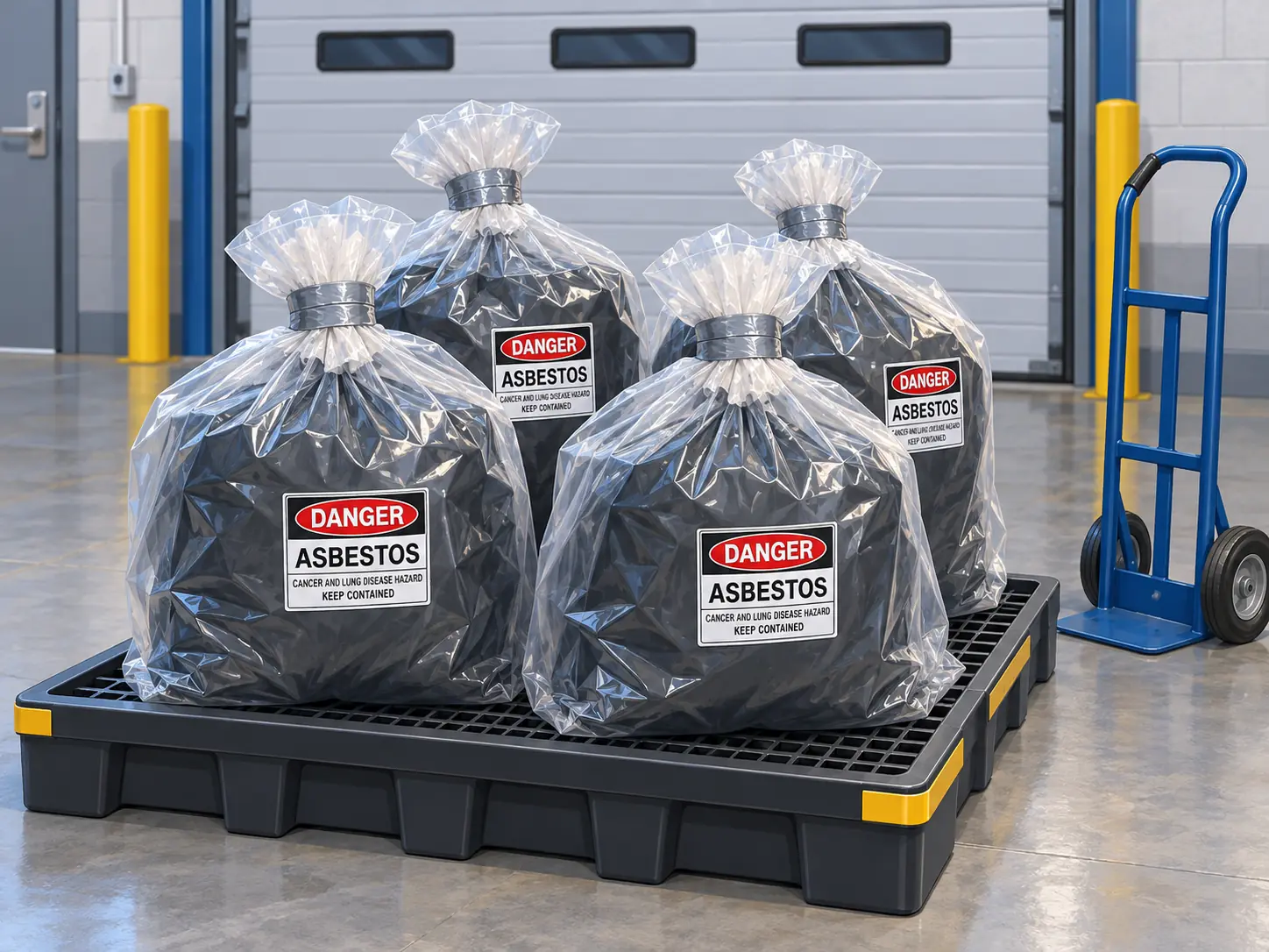 Labeled double-bagged asbestos waste on a pallet awaiting the licensed hauler
