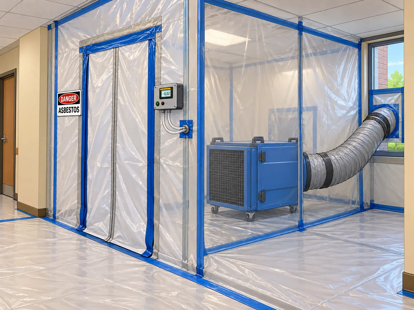 Sealed plastic containment with warning sign, manometer, and negative air unit