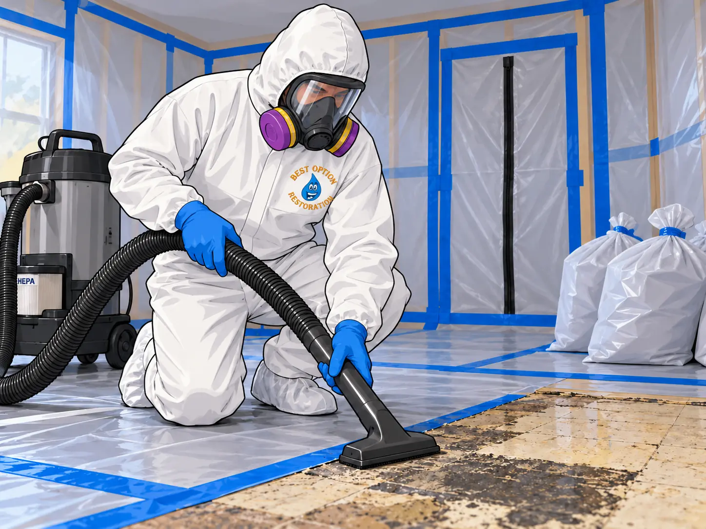 Technician in a respirator and protective suit HEPA-vacuuming inside sealed plastic containment