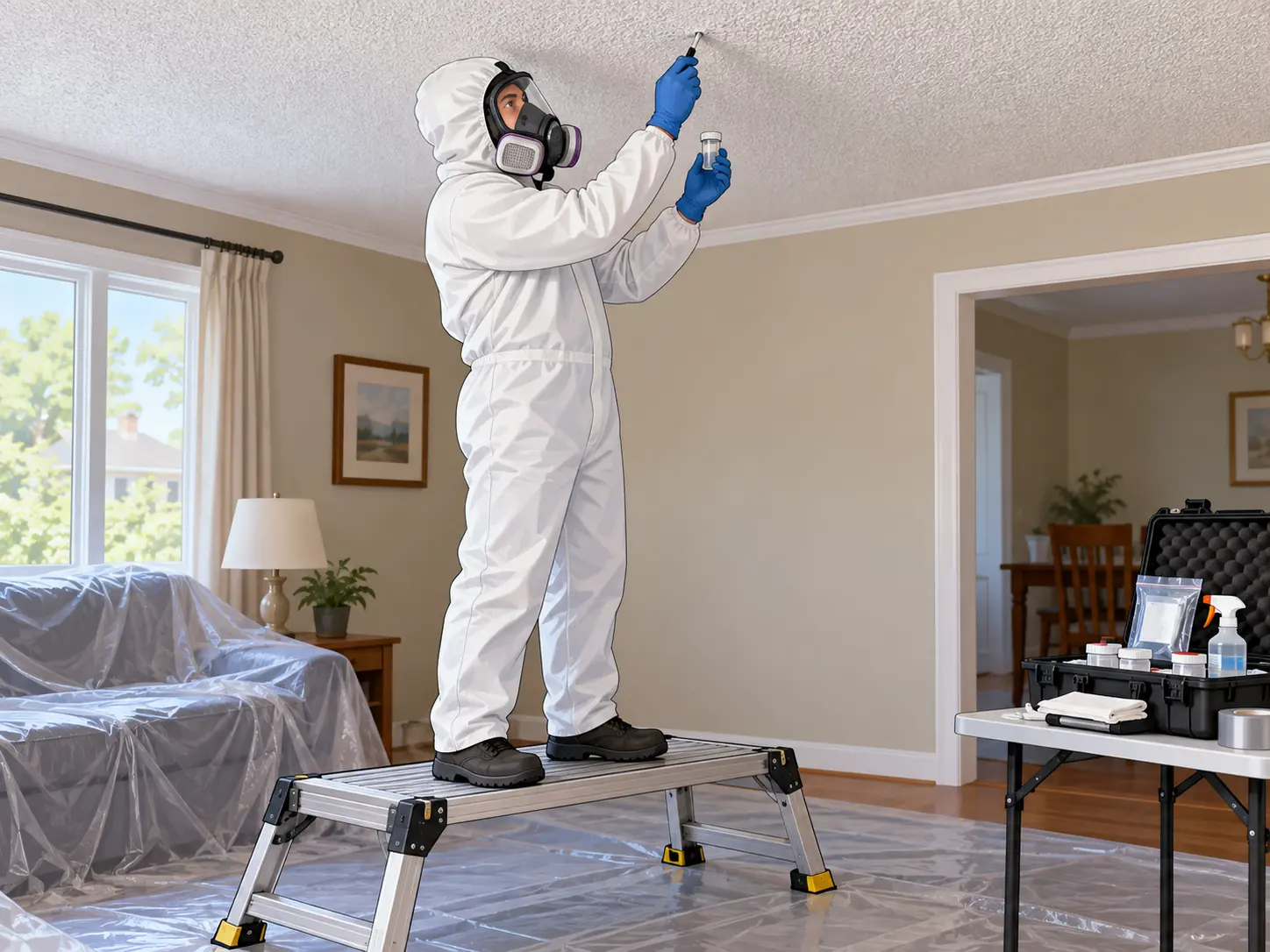 Technician in protective gear sampling a textured ceiling