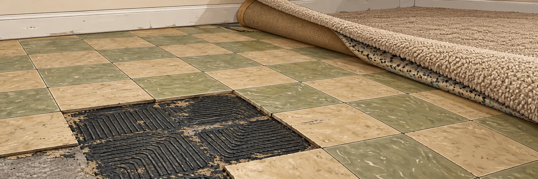 Carpet pulled back to reveal 9x9 vinyl floor tile and black mastic adhesive