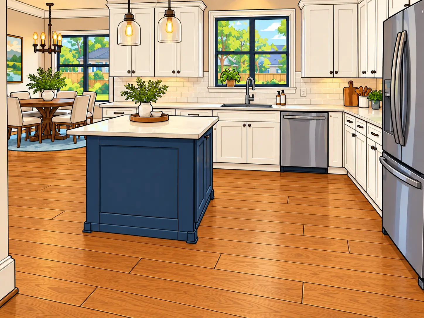 Keller kitchen after restoration: dry hardwood floor and rebuilt cabinetry