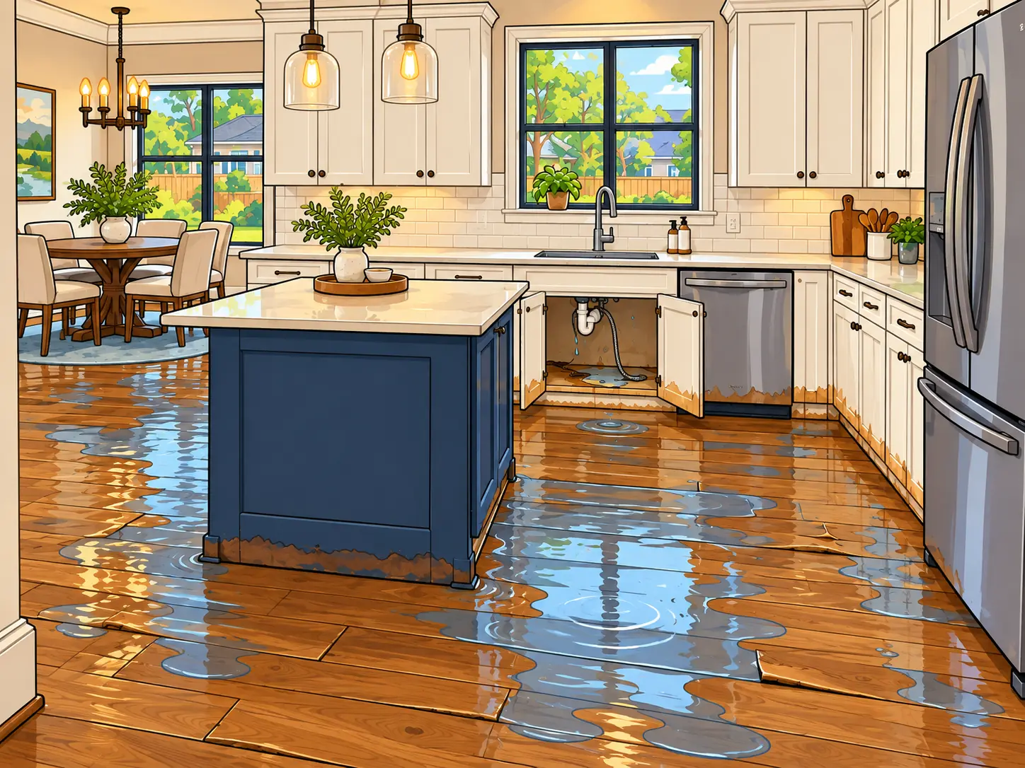 Keller kitchen before restoration: standing water on hardwood from a burst sink supply line