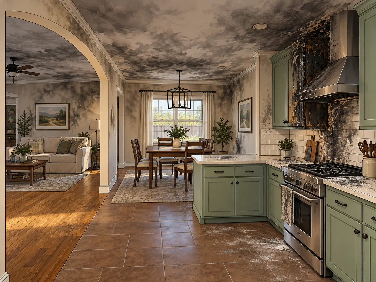 North Richland Hills kitchen before restoration: soot and smoke damage across ceiling, walls and range hood