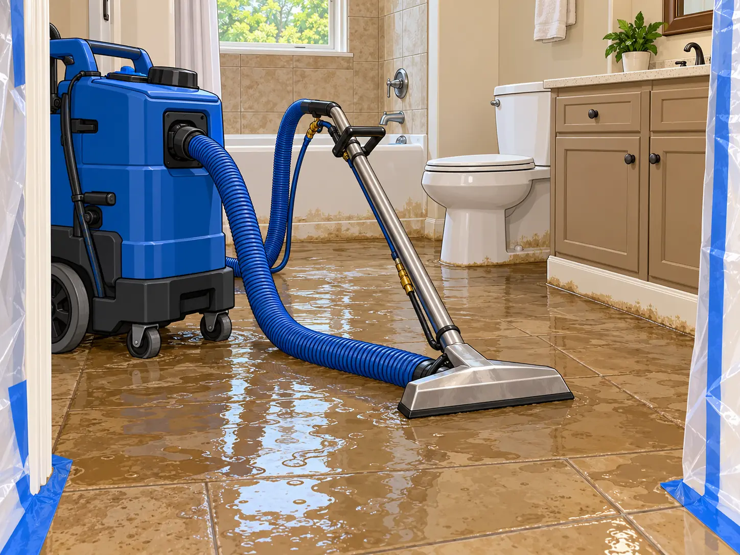 Truck-mount extraction wand removing contaminated water from a bathroom floor