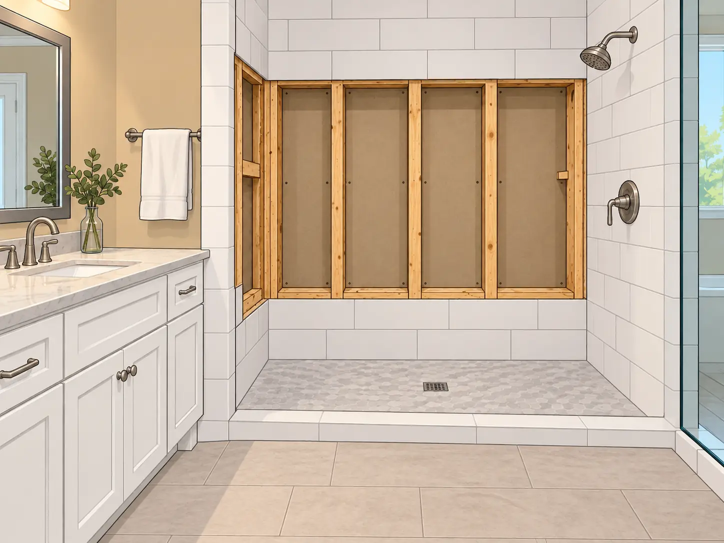 Southlake shower wall after remediation: clean framing and new backer board, ready for tile