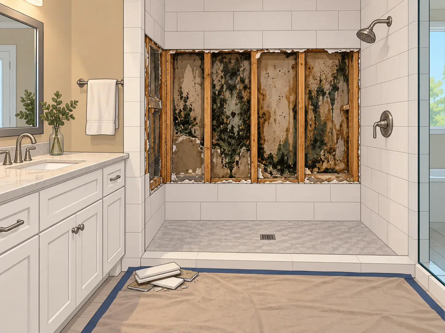 Southlake shower wall before remediation: growth behind removed tile from a hidden leak