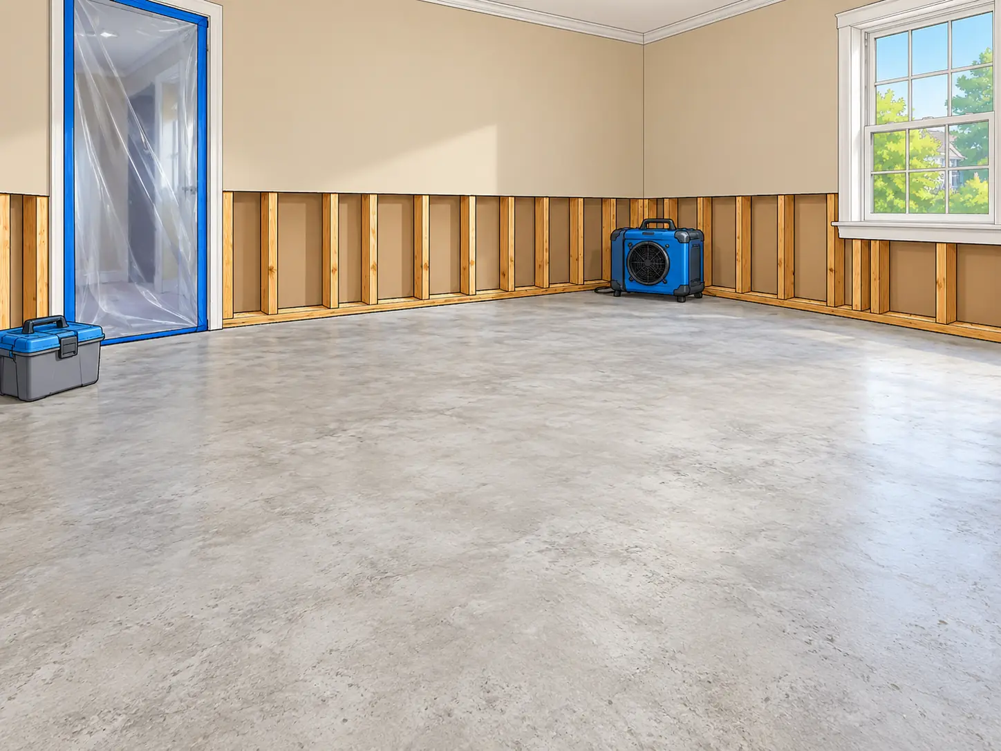 Cleaned, disinfected concrete subfloor with flood-cut walls ready for rebuild