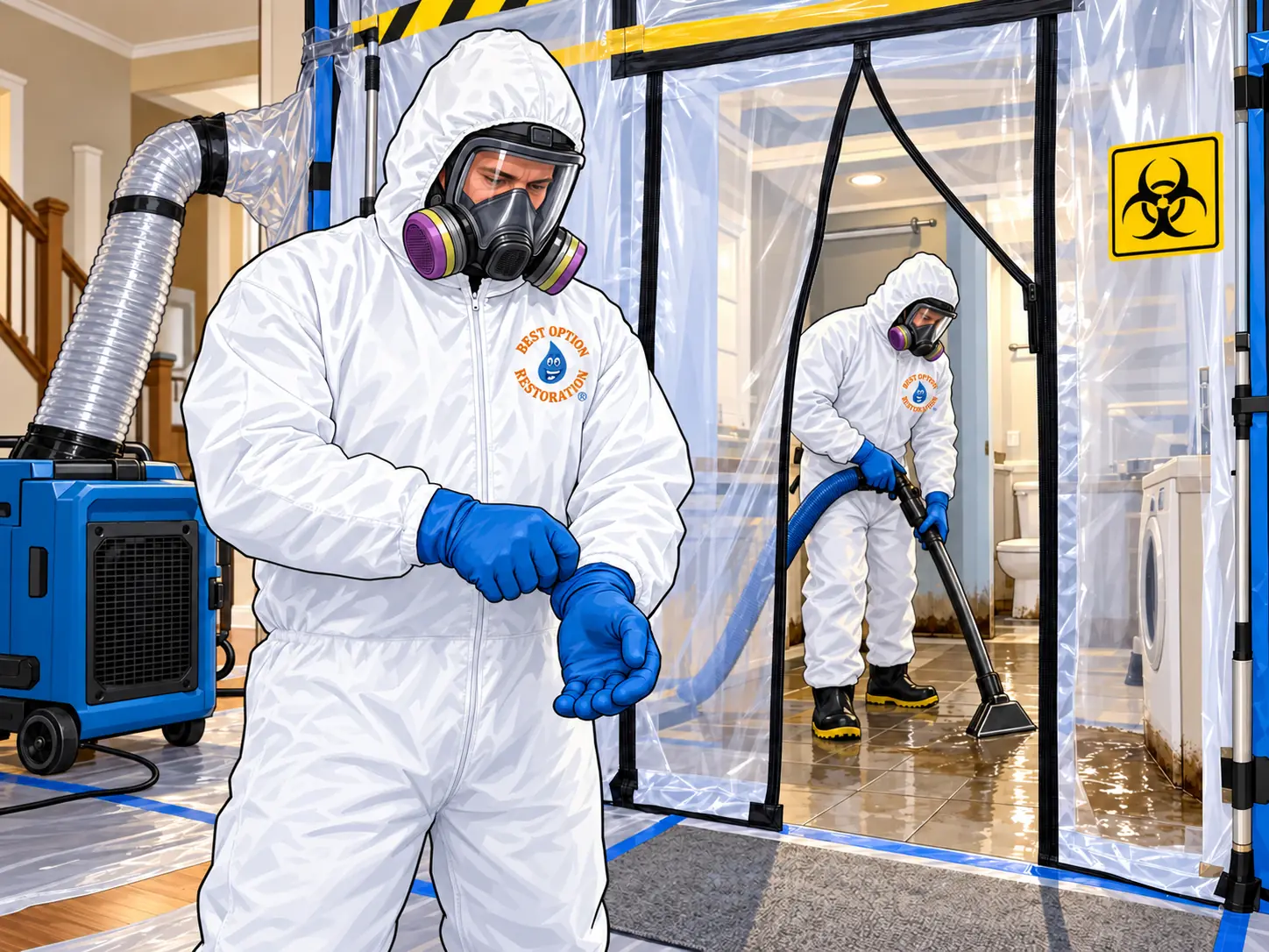 Technician in protective gear cleaning up a sewage backup