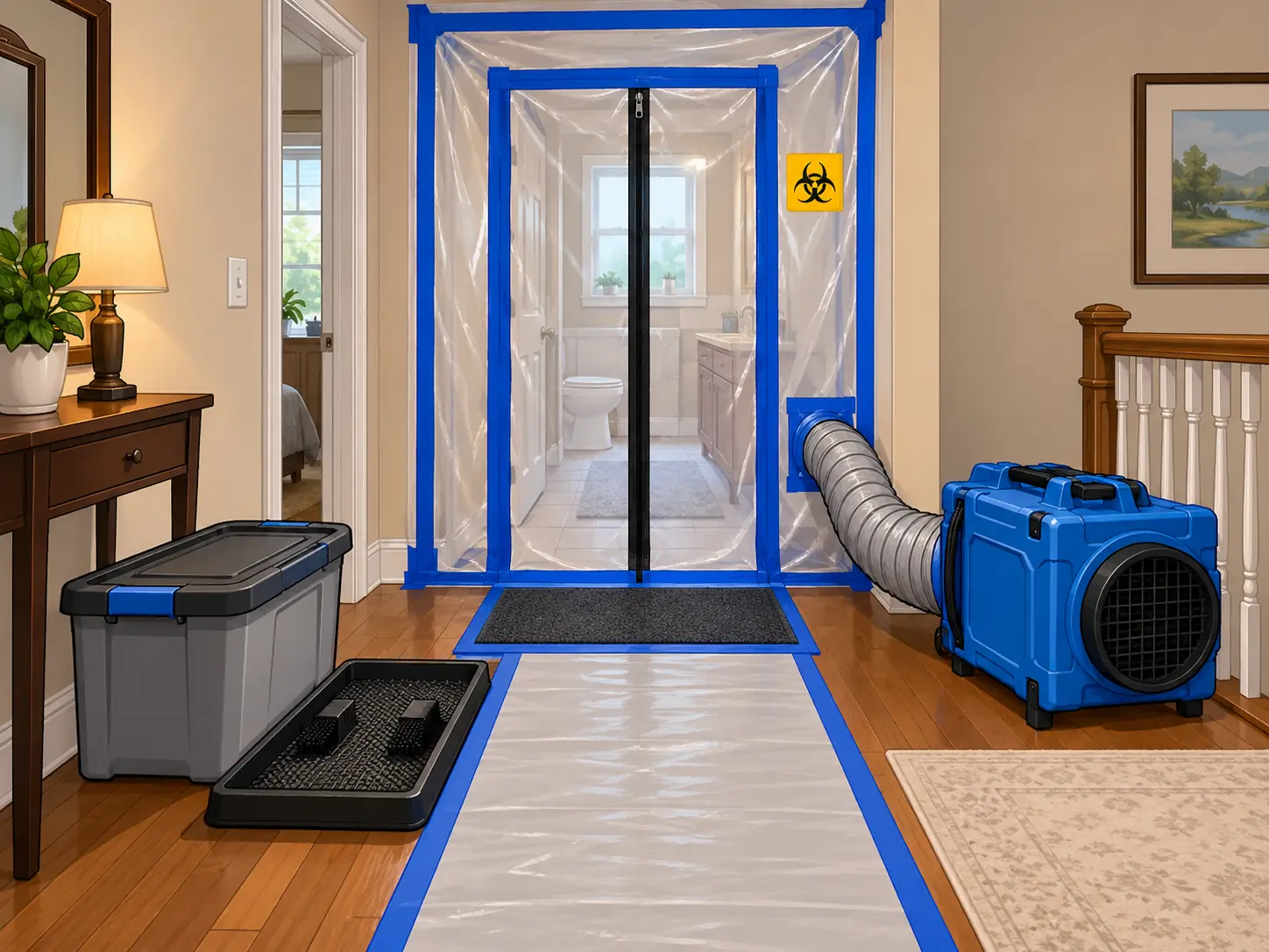 Sealed containment entry with zip door, decon mat, and air scrubber in a hallway