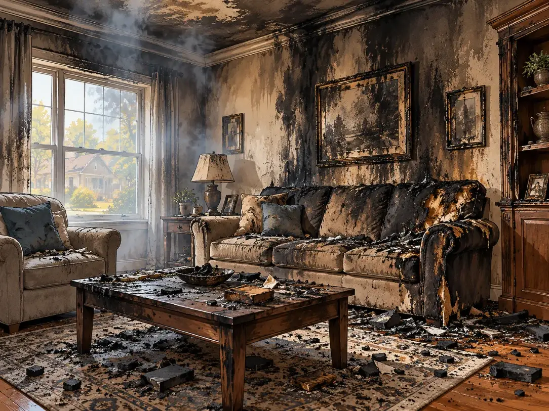 Fire hero: boarded window and soot-stained exterior wall