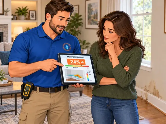 Technician showing a moisture reading on a tablet to a homeowner