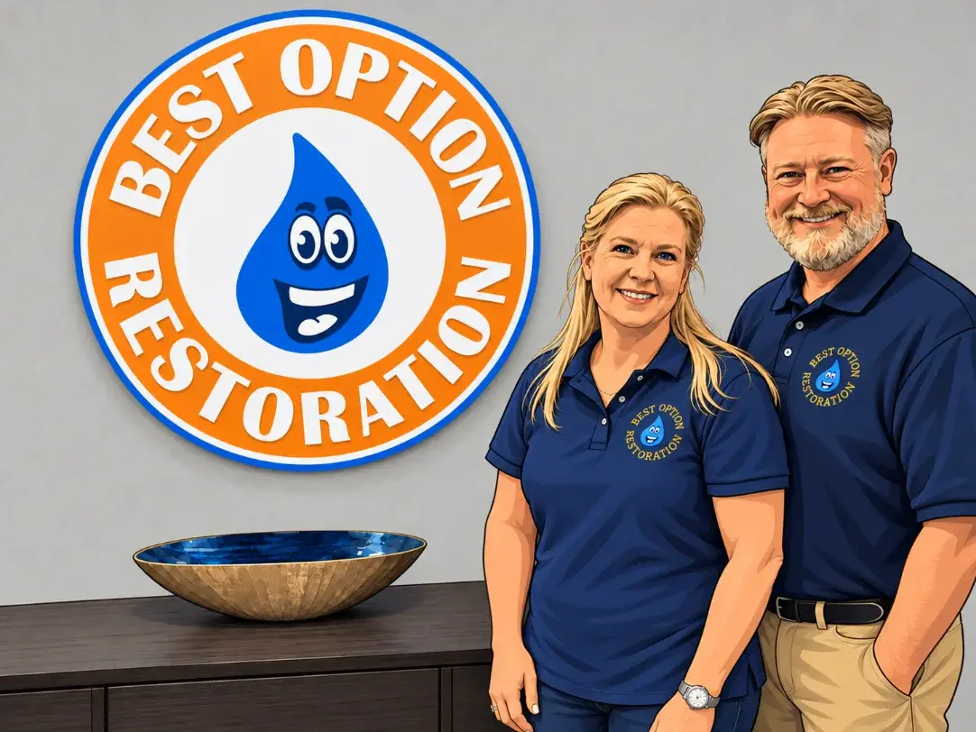 Owners in front of the Best Option Restoration sign
