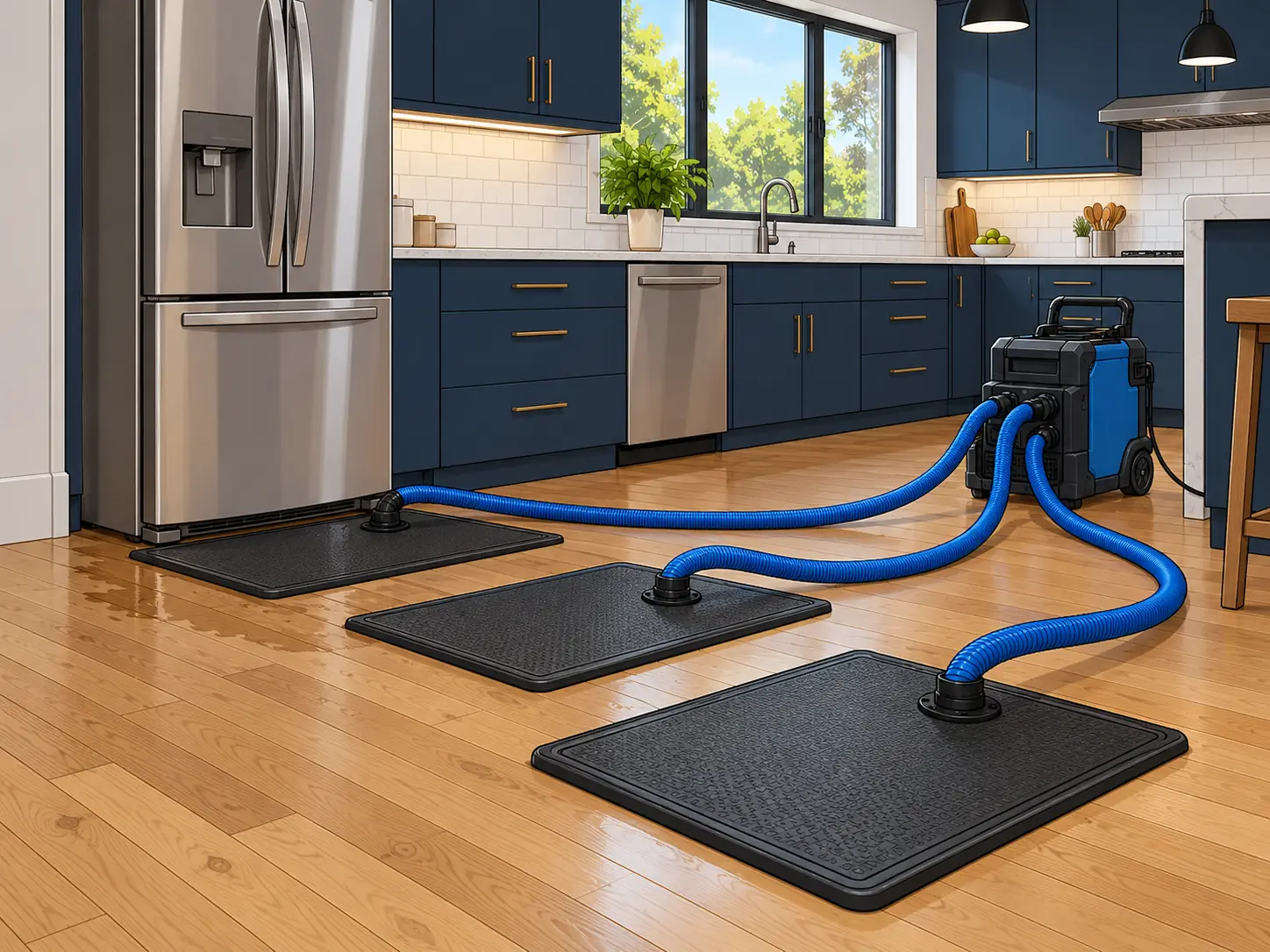 Floor drying system on hardwood in a kitchen