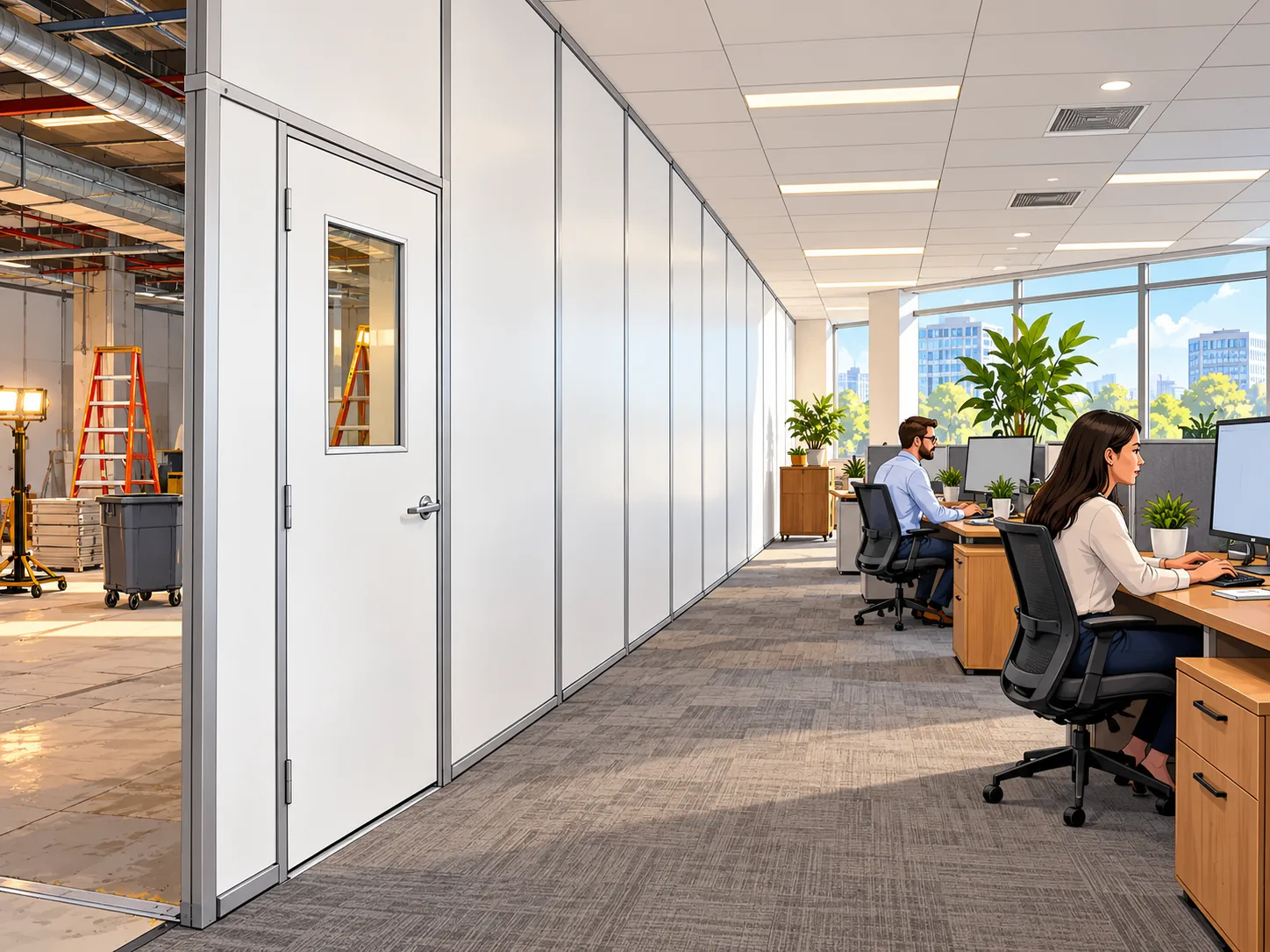 Hard containment wall in an occupied office