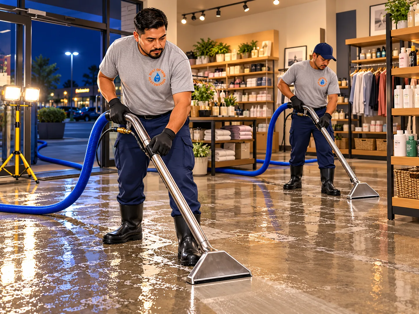 Overnight crew extracting water in a retail unit