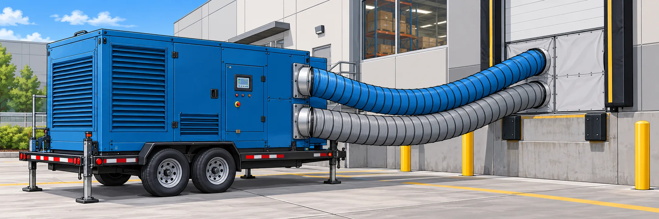 Trailer-mounted desiccant dehumidifier ducted into a commercial loading dock