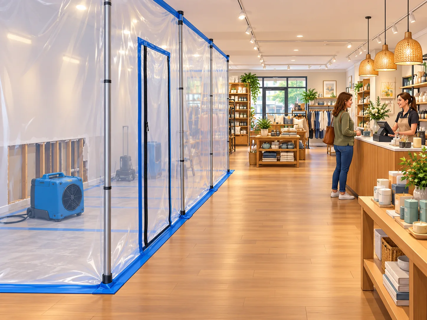 Containment wall sealing off a work area inside a retail store while customers shop beyond it