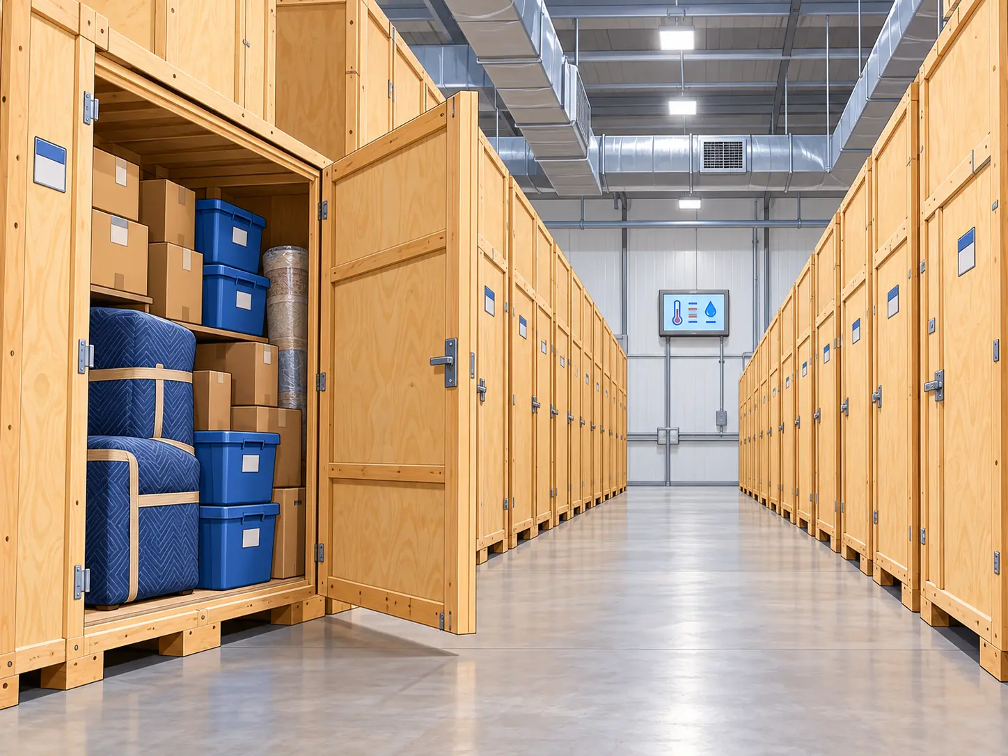 Rows of labeled wooden storage vaults in a climate-controlled warehouse