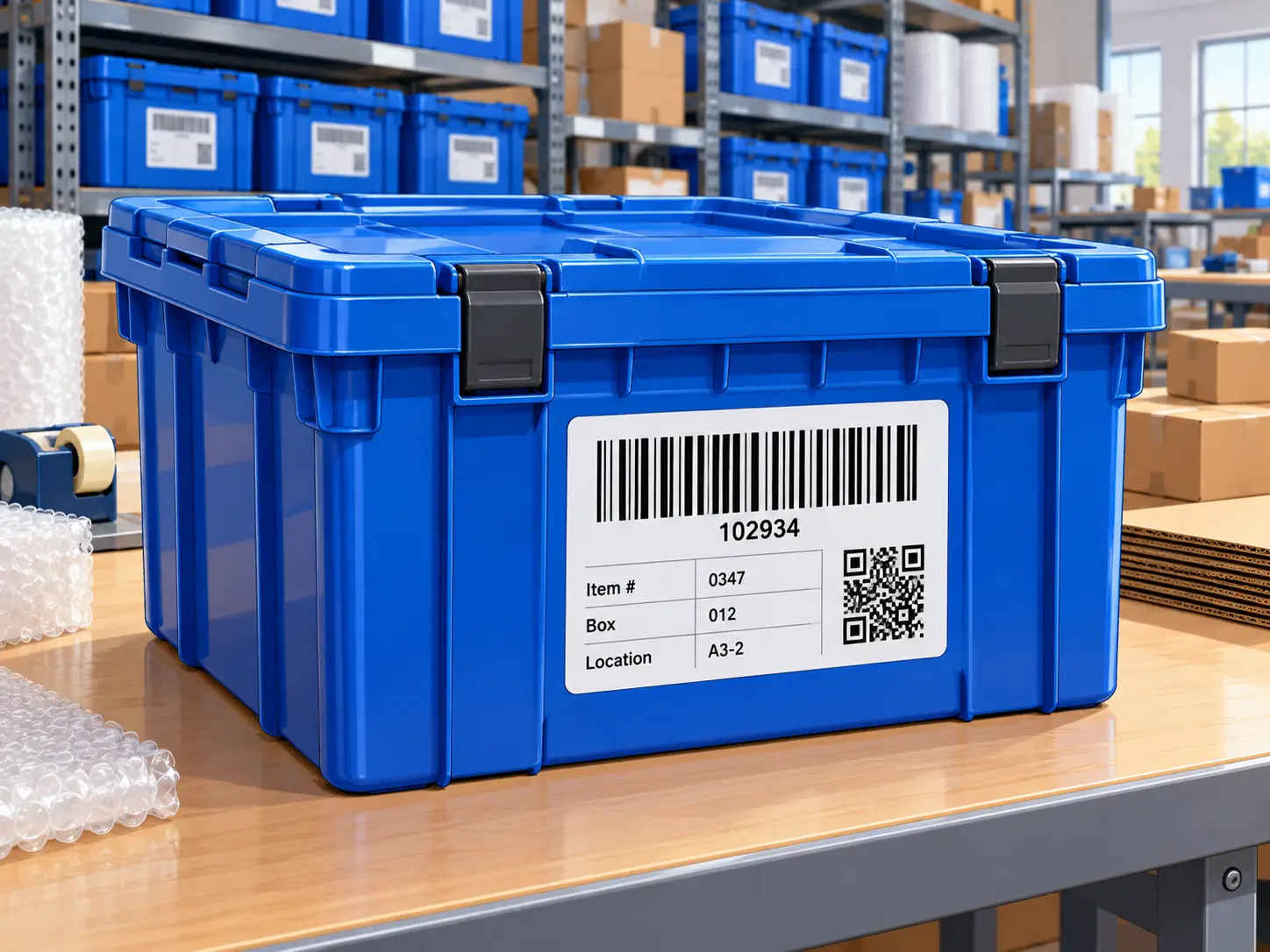 Blue pack-out crate with a barcoded inventory label showing item, box, and location