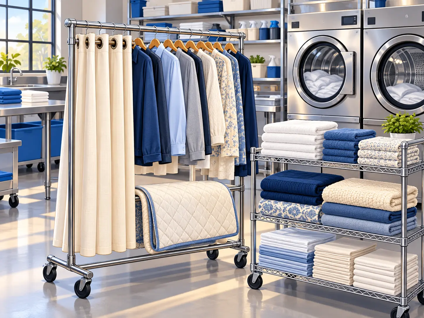 Cleaned clothing, drapes, and linens on a restoration laundering rack